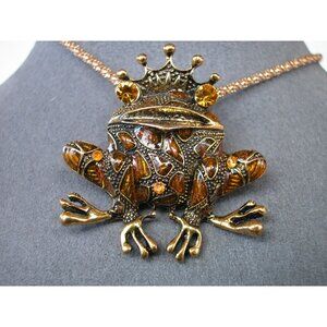 Vintage Betsey Johnson Gold-Tone Frog Necklace & Brooch Combo With Rhinestones &